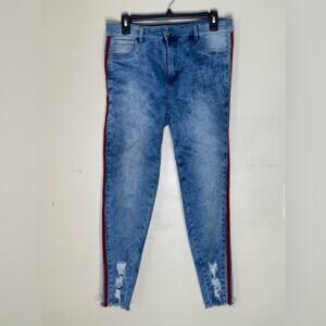 DRAXY Distressed Red Side Stripe Skinny Denim Stretch Jeans Size 14